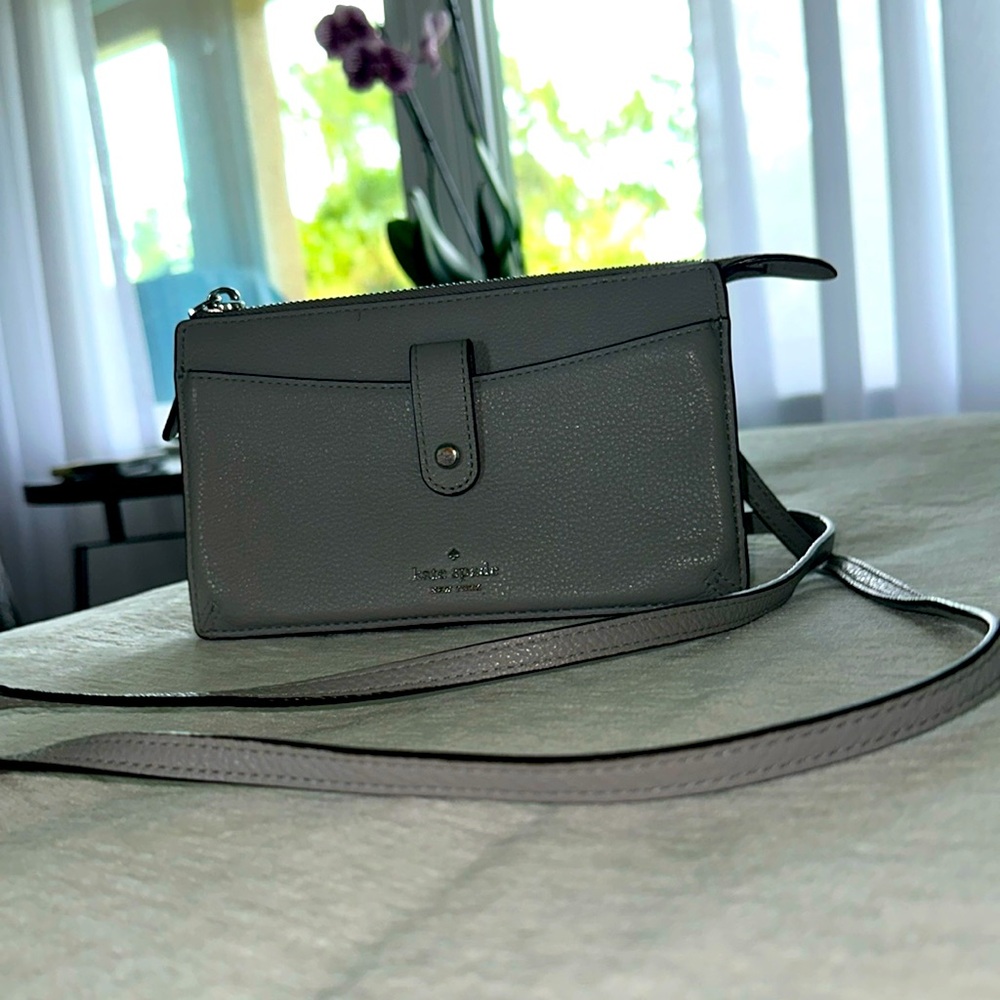 Kate Spade Jackson Small Tab Crossbody gray leather with silver hardware